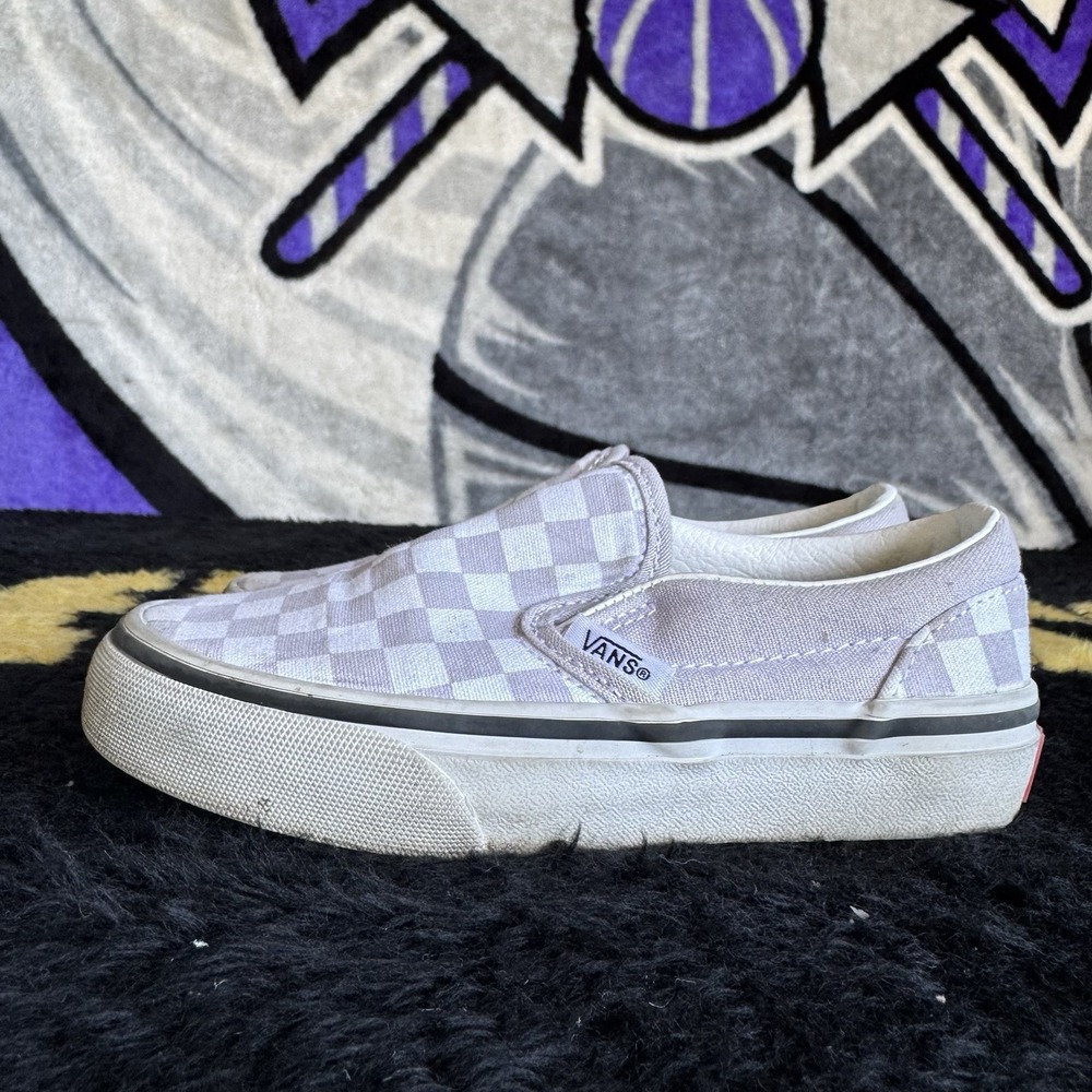 Size 11c - Vans kids light purple white checkered slip on sneakers shoes